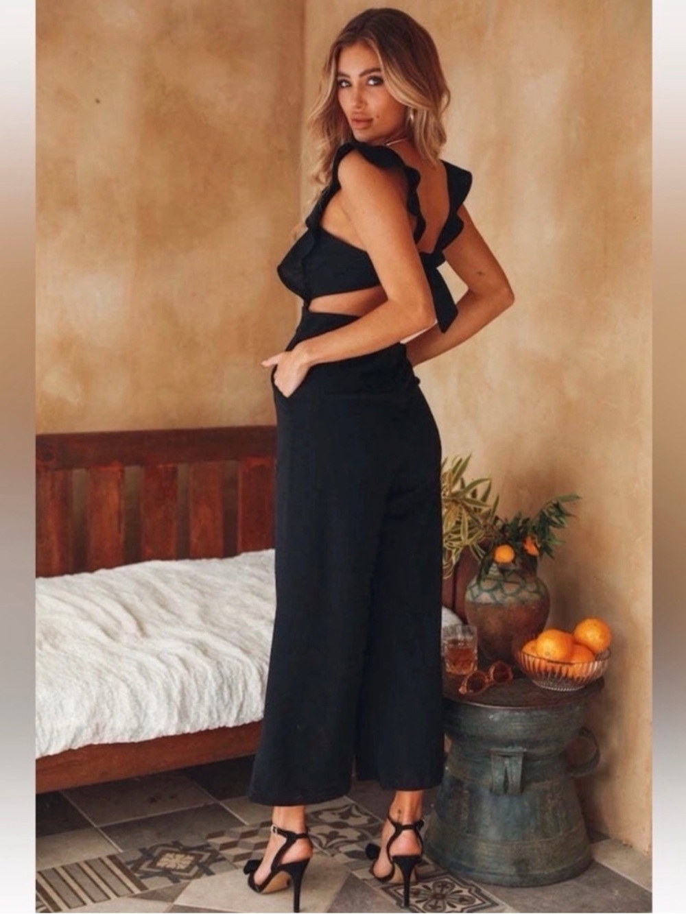 NWT Hello Molly Cotton Ruffle Sleeveless Tie Waist Jumpsuit in Black Size Small